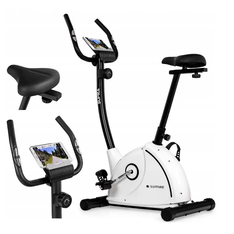 Ergometersykkel SAPPHIRE SUPRA, sidevisning med fokus på justerbart sete og styre med nettbrettstativ.