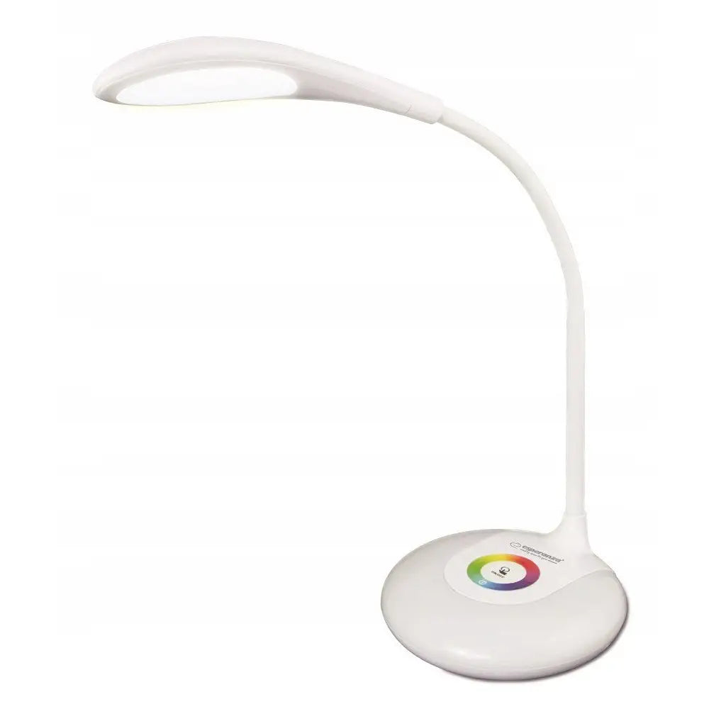 Esperanza Altair LED skrivebordslampe i hvit plast med fleksibel hals og fargerik touchkontroll på basen.