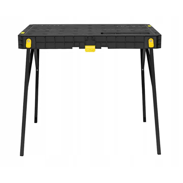 Essential arbeidsbord fra Stanley, frontbilde som fremhever gule detaljer og sammenleggbare ben i metall og plast.