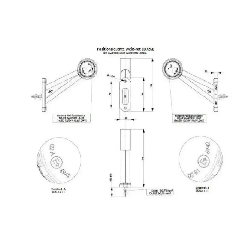 LED klaringslamper HORPOL LD 726, teknisk tegning med mål, viser front-, side- og toppvisning.