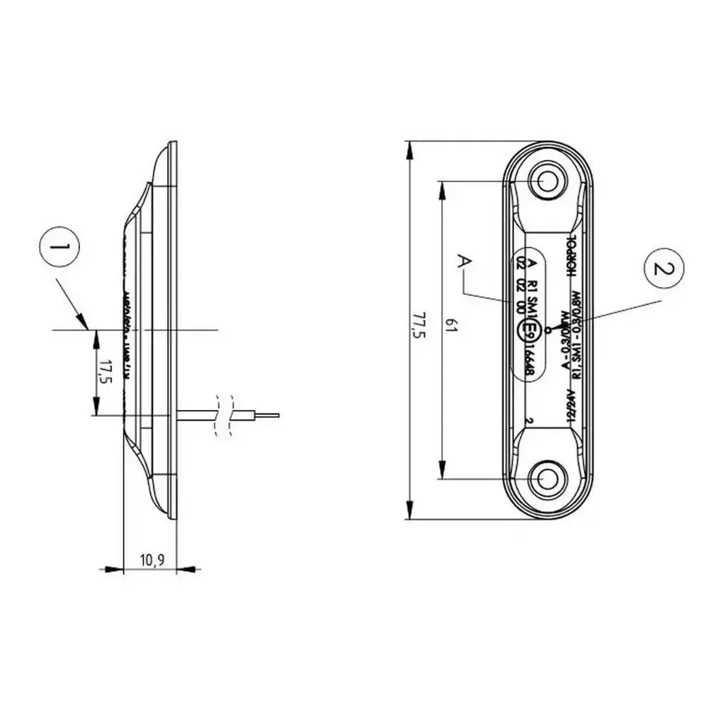 LED-klaringslampe Horpol SLIM, teknisk tegning med mål, monteringshull og kabeltilkobling fra flere vinkler.