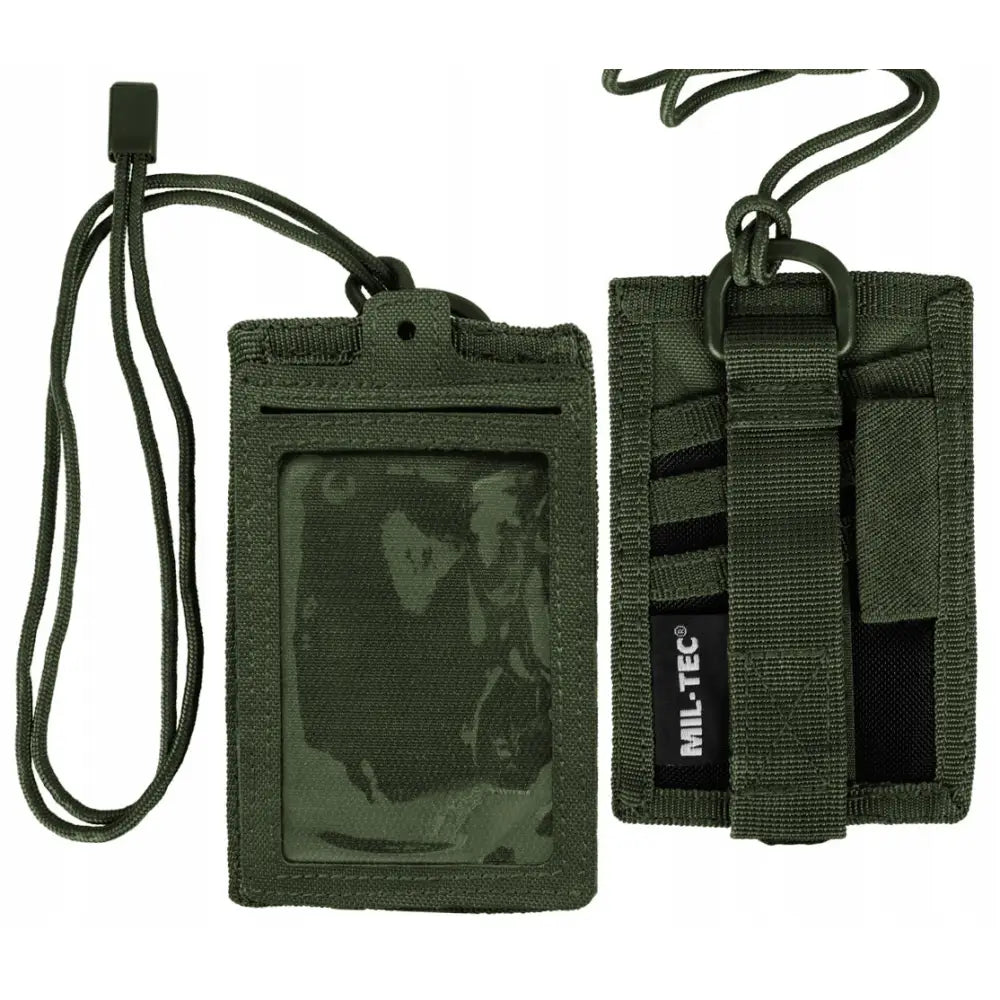 Etui Deksel for Pass-ID Identifikator i oliven nylon, front- og bakside med snor og flere festemuligheter.