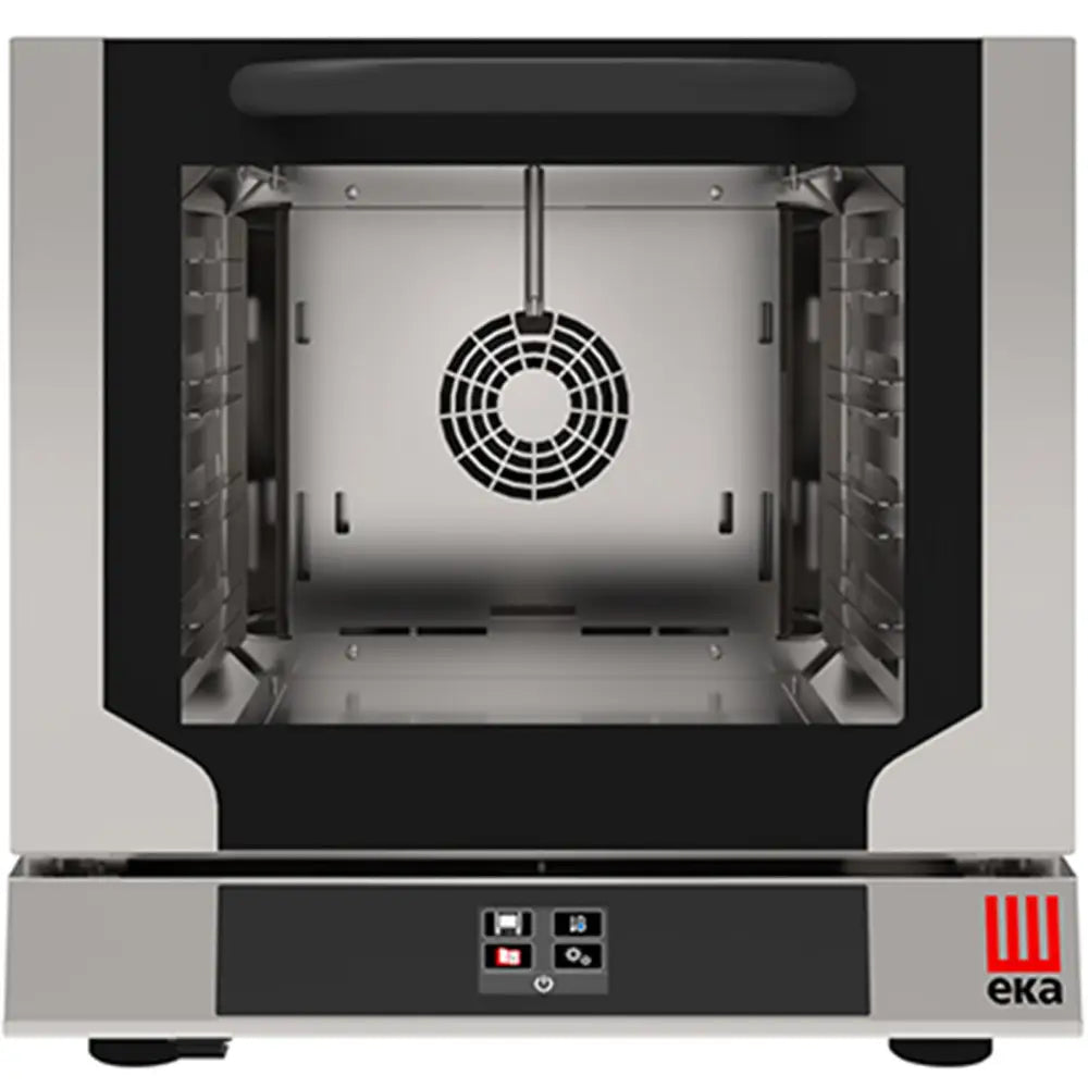 Evolution Next kombiovn i rustfritt stål, frontvisning med berøringsskjerm, glassdør og synlig vifte.