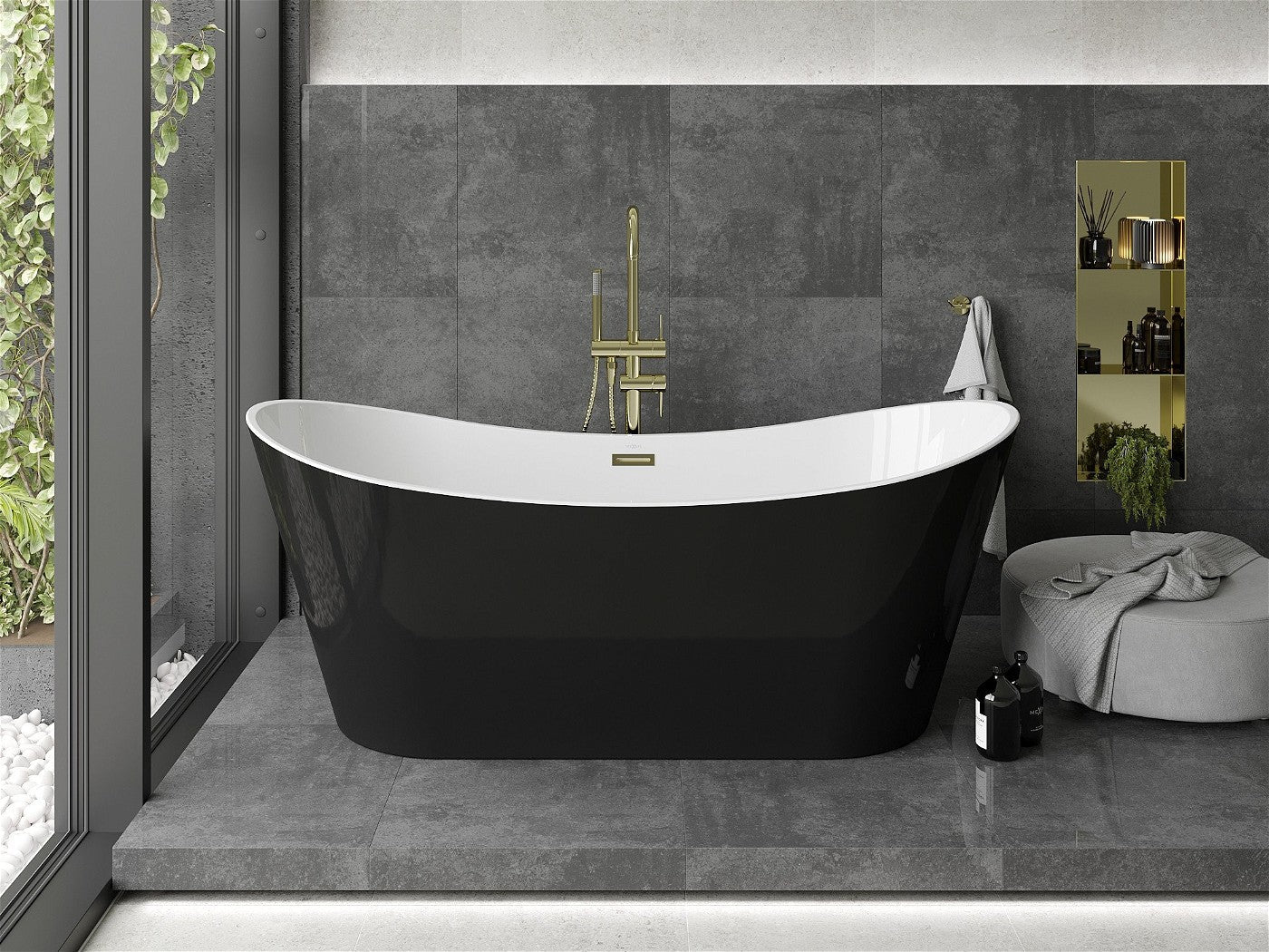 Mexen Montana frittstående badekar 180 x 80 cm, hvit/svart, gull overløp - 52011808075-G