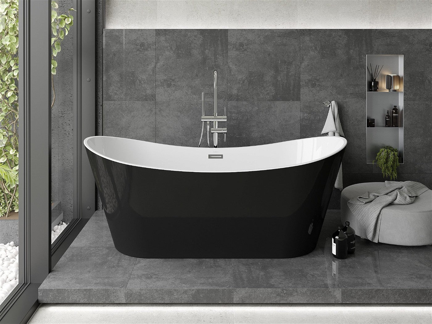Mexen Montana frittstående badekar 180 x 80 cm, hvitt/svart, svart overløp - 52011808075-B