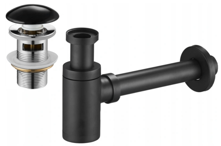 Mexen rund semi-syfon for vask med keramisk klikk-klakk plugg, med overløp, svart - 7992050