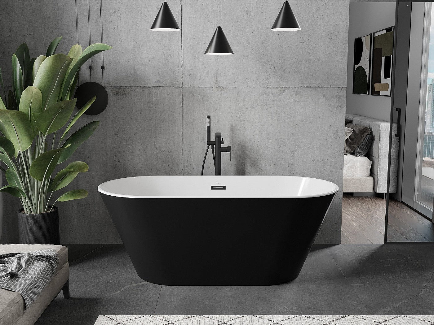 Mexen Flavia frittstående badekar 160 x 74 cm, hvit/svart, svart overløp - 54031608075-B