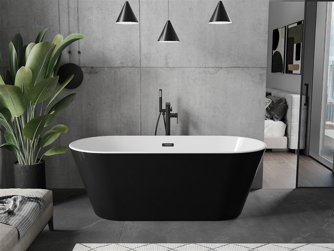 Mexen Flavia frittstående badekar 170 x 75 cm, hvit/svart, med svart overløp - 54031708075-B