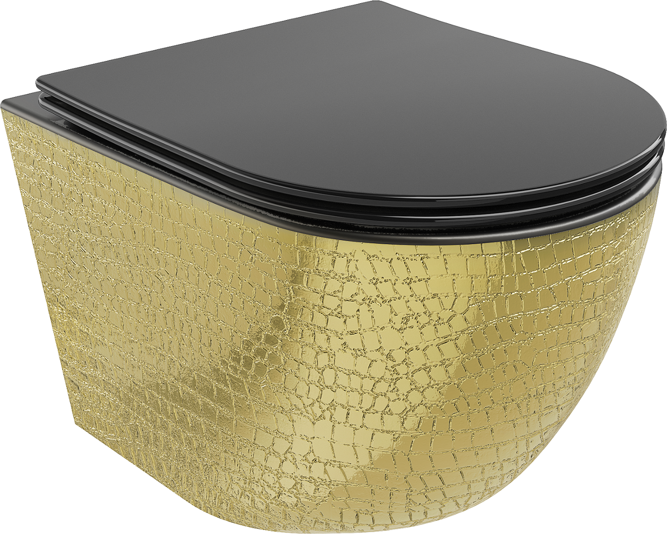 Mexen Lena toalettskål uten spylekant med soft-close sete, slim, duroplast, matt svart/gull fiskeskjell mønster -