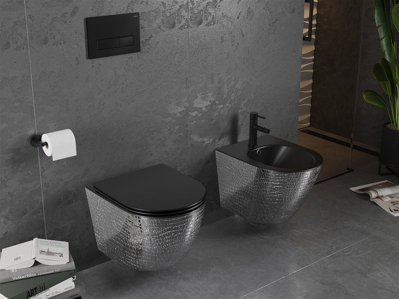 Mexen Lena toalettskål Rimless med soft-close sete, slank, duroplast, matt svart/sølv skala mønster