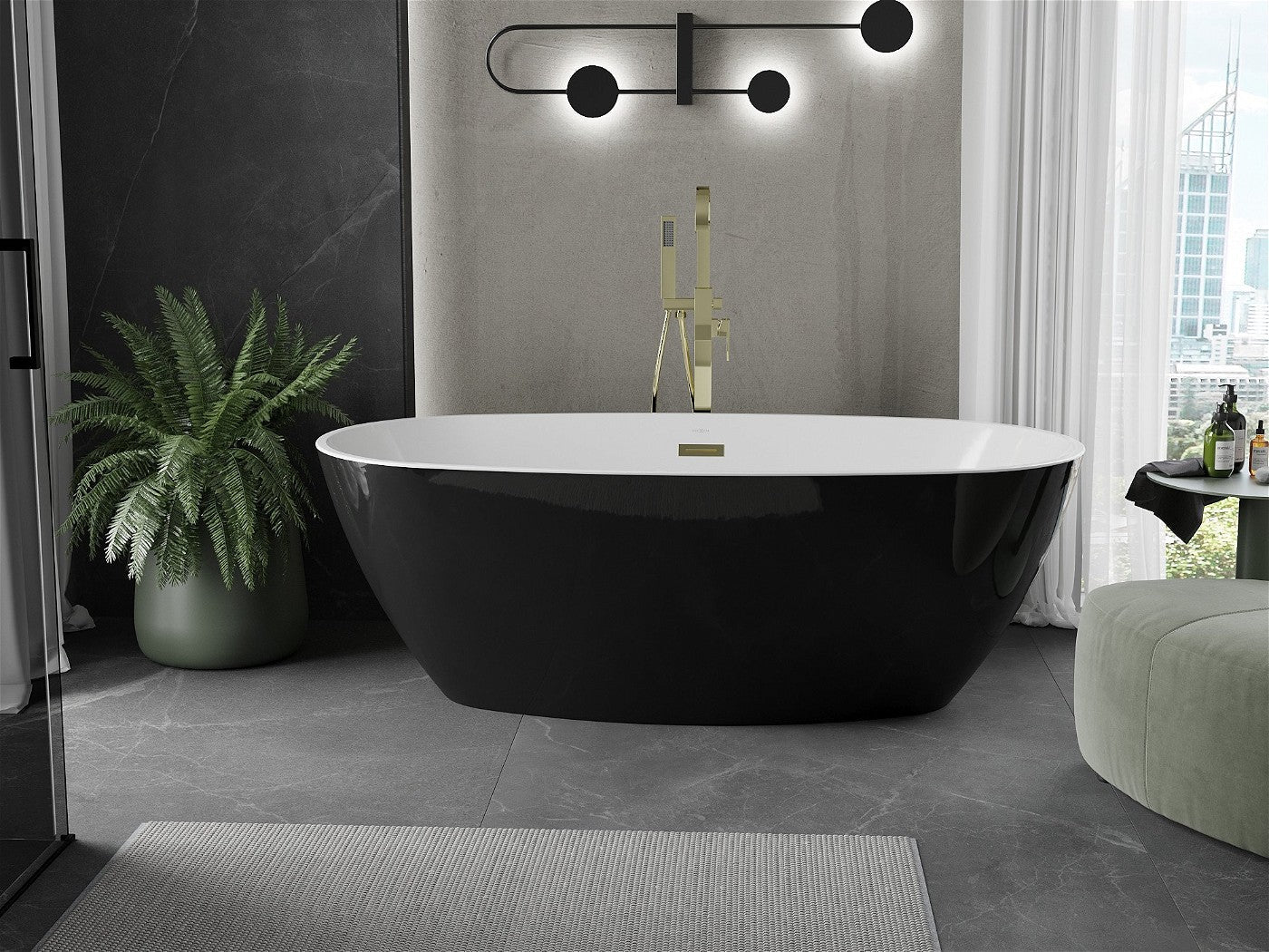 Mexen Eris frittstående badekar 170 x 85 cm, hvit/svart, gull overløp - 53441708575-G
