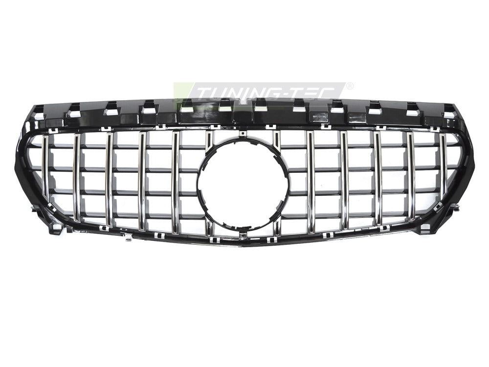 Detaljbilde av Grill Mercedes CLA W117 13-19 sort/krom med lamellstruktur og emblemfeste.