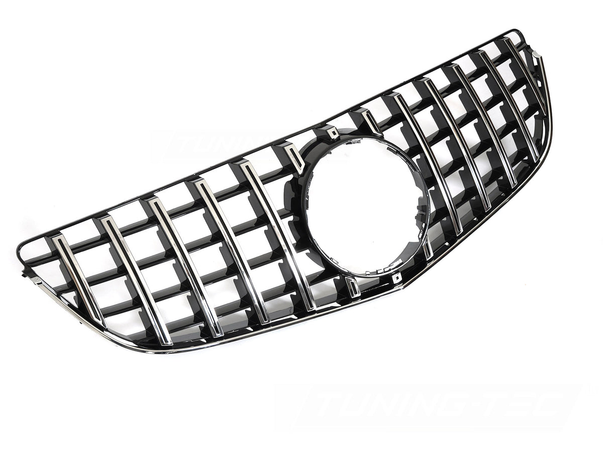 Grill til Mercedes E-Klasse C207/A207 Coupe+Cabrio 13-17 i krom/sort sett rett forfra på hvit bakgrunn.
