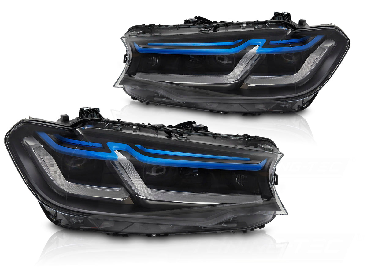 Frontlykter Full LED DRL til BMW G30/G31 17-20 sett rett bakfra på hvit bakgrunn.