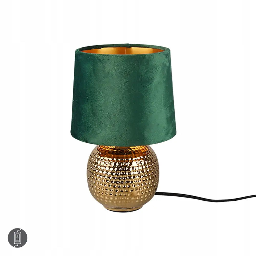 Fantastisk Grønn Gull Sophia skrivebordslampe med prikkete gullbase og grønn fløyelskjerm sett fra siden.