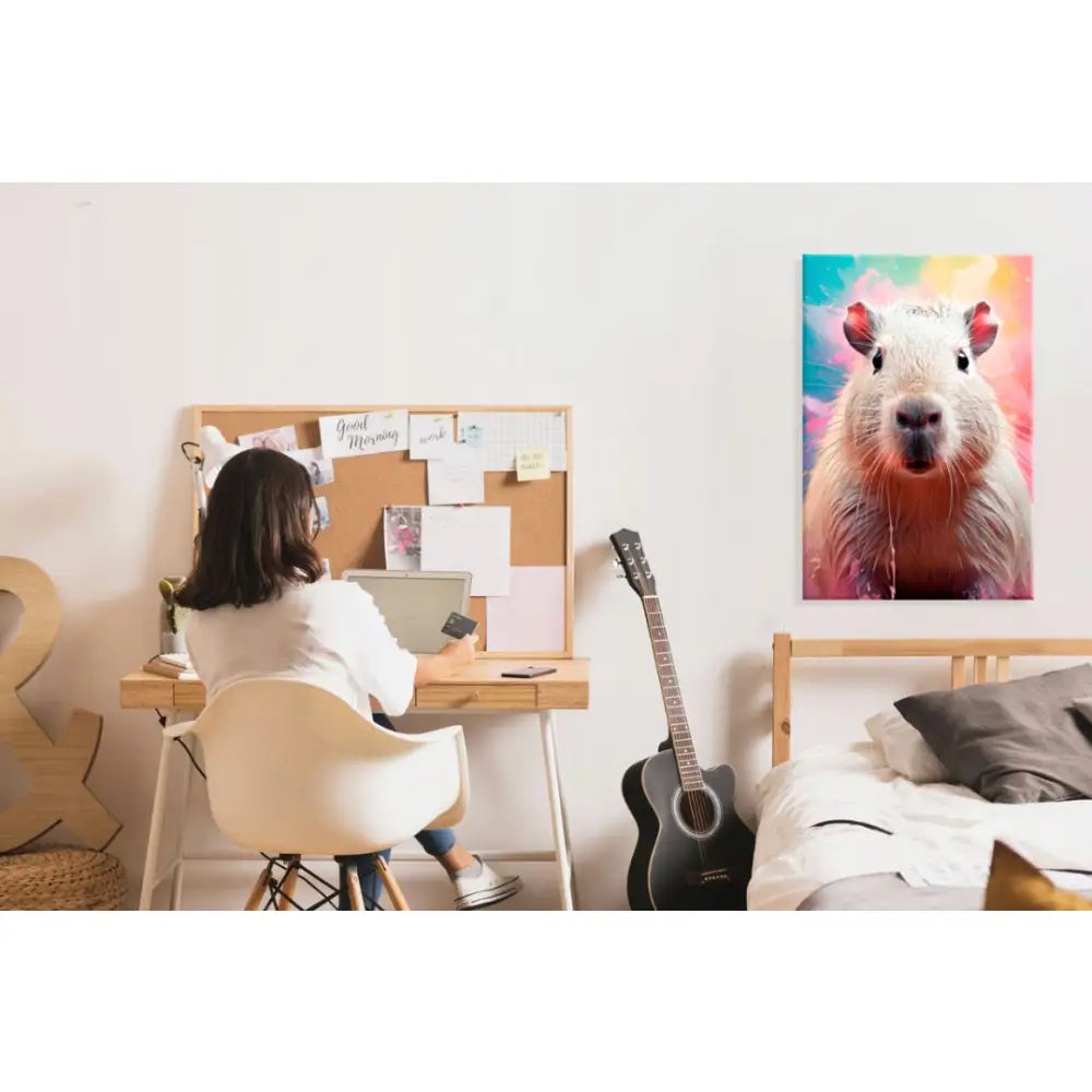 Fargerikt kapybara lerretsbilde på hvit vegg over seng, med skrivebord, korktavle og sort gitar ved siden av.