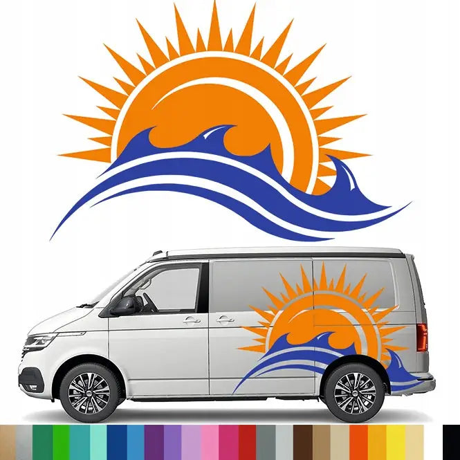 Fargerik Klistremerke til Bobil og Campingvogn med Sol og Bølger 90x133