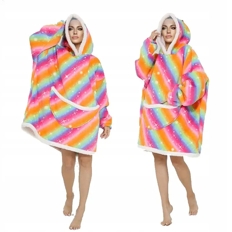 Fargerik Oversize Varm Hoodie-cardigan Kosepledd med Hette