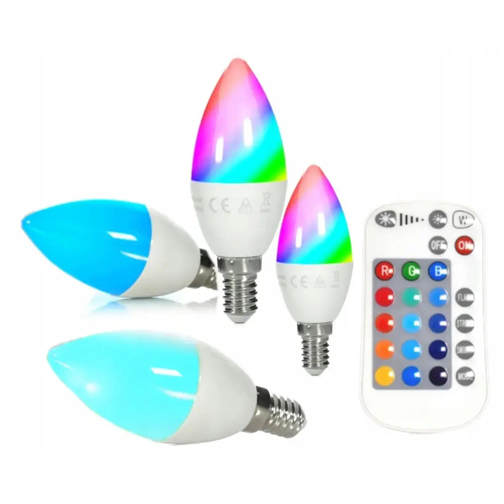 RGB-pære E14 med blå og regnbuefarget topp, fire pærer og hvit fjernkontroll med fargevalg.