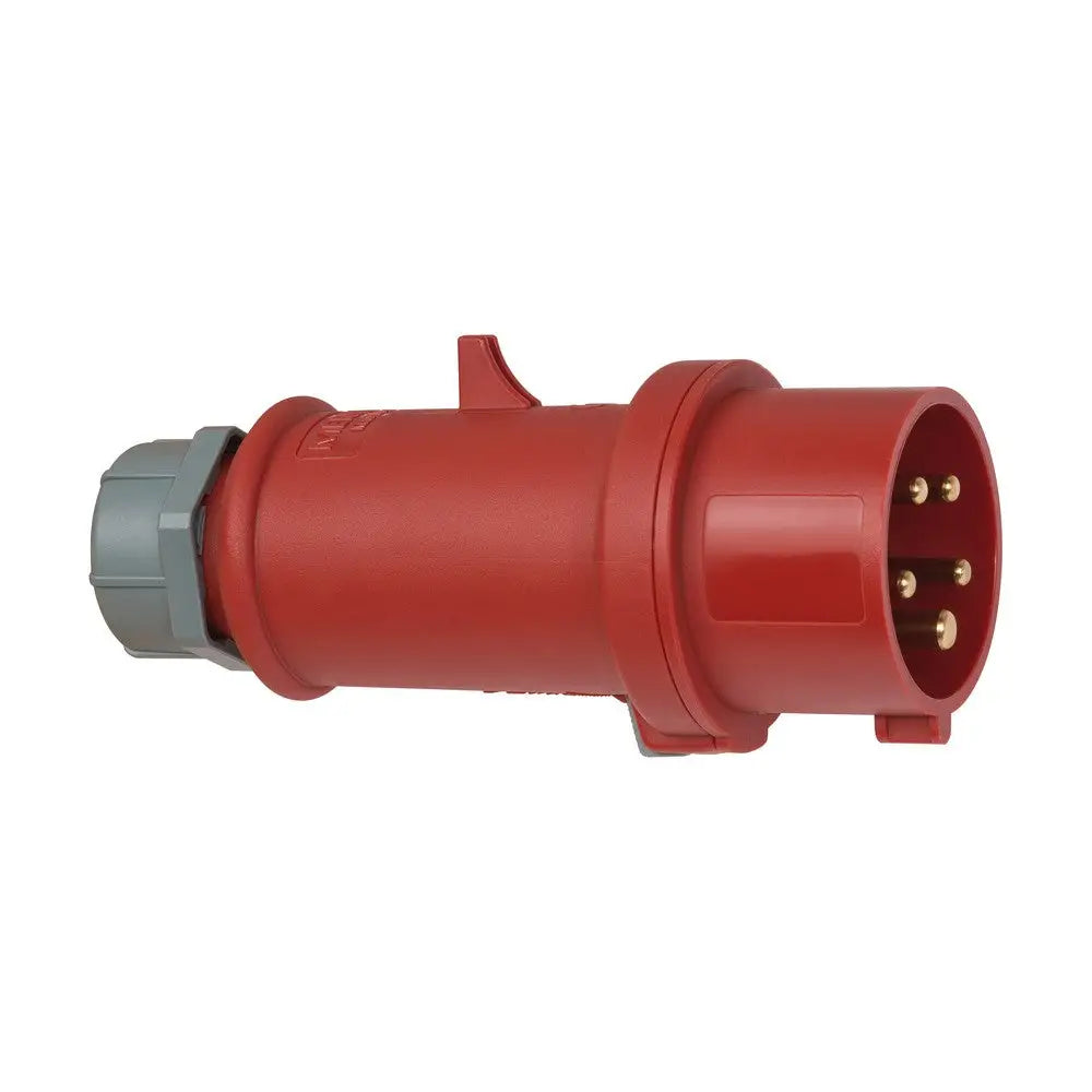Fasevender CEE 400V/16A, rød industrikontakt med grå skrutilkobling og fire metallpinner sett fra siden.