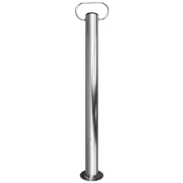 Fast støtte for tilhengere 60cm, sølvfarget metallstolpe med avrundet topp og håndtak, frontvisning.