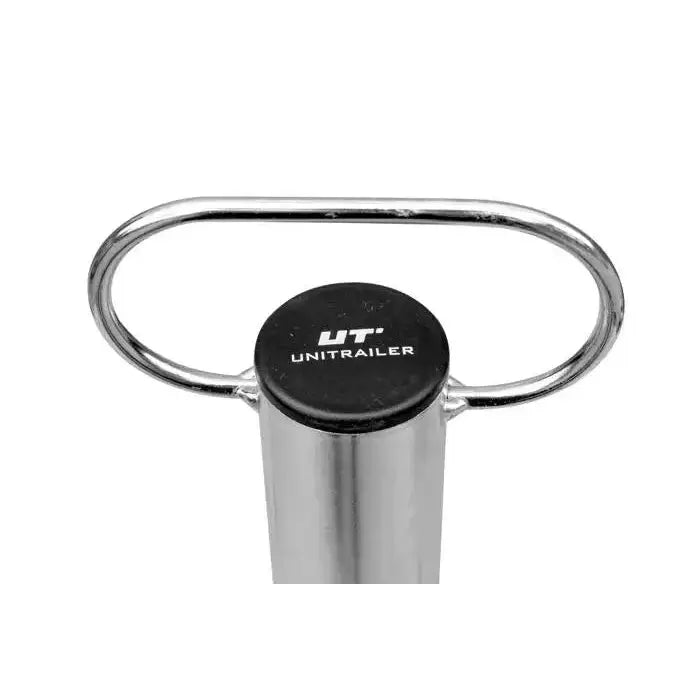 Fast støtte for tilhengere 60cm, ovalt metallhåndtak med sort endeplate og hvit Unitrailer-logo, sett ovenfra.