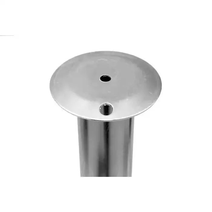 Fast støtte for tilhengere, sylinder i sølvfarget metall sett ovenfra med to runde hull i blank topp.