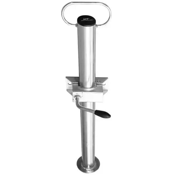 Støttebukk for tilhenger, sett forfra med sveiv, sort håndtak, rund fot og ovalt bærehåndtak i metall.