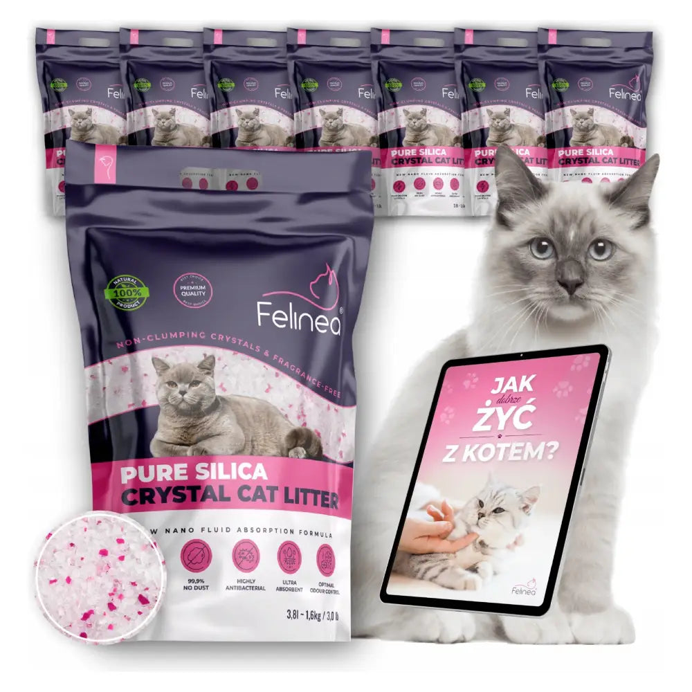 Felinea silikonkattesand 30,4L, nærbilde av pose med grå katt og synlig sand foran fargerik emballasje.