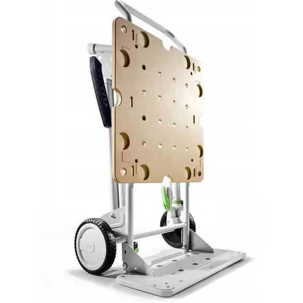 Festool arbeidsbord, skrått sidebilde som fremhever store hjul, perforert trepanel og sammenleggbar metallramme.