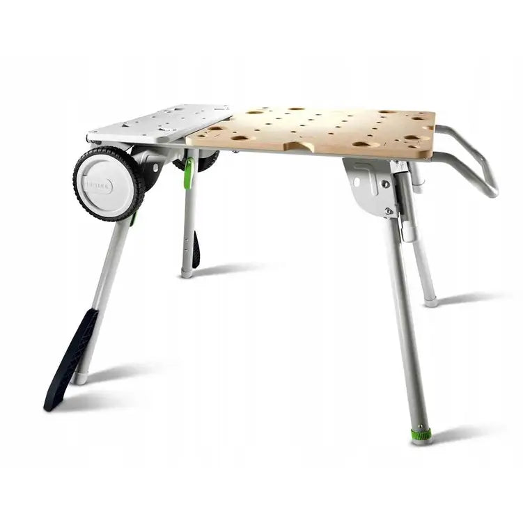 Festool arbeidsbord, skråvisning som fremhever justerbare ben og store hjul på den ene siden.