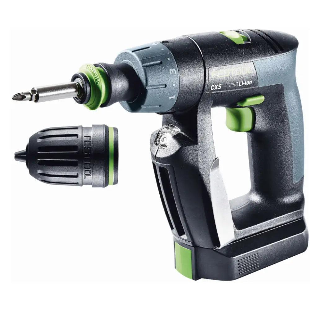 Festool bore- og skrutrekker Cxs, sidevisning med synlig chuck, bits og ekstra borhode ved siden av.