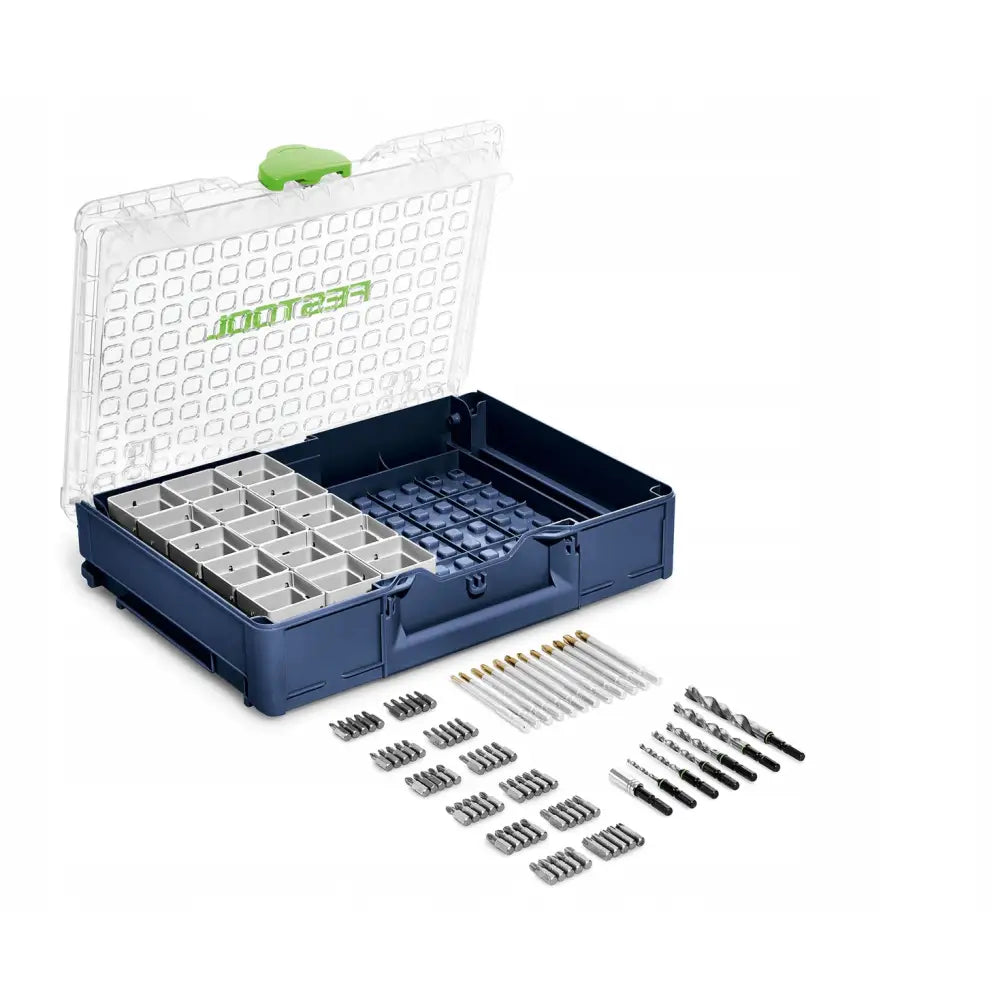 Festool Systainer Organiser Sys3 Org, åpen blå plastboks med gjennomsiktig lokk og sorterte bits og bor foran.