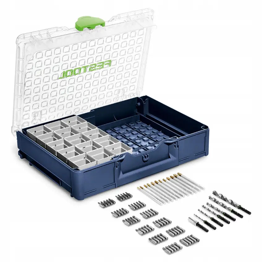 Festool Systainer Organiser Sys3 Org åpen med grå inndelere, bor og bits foran på lyse underlag.