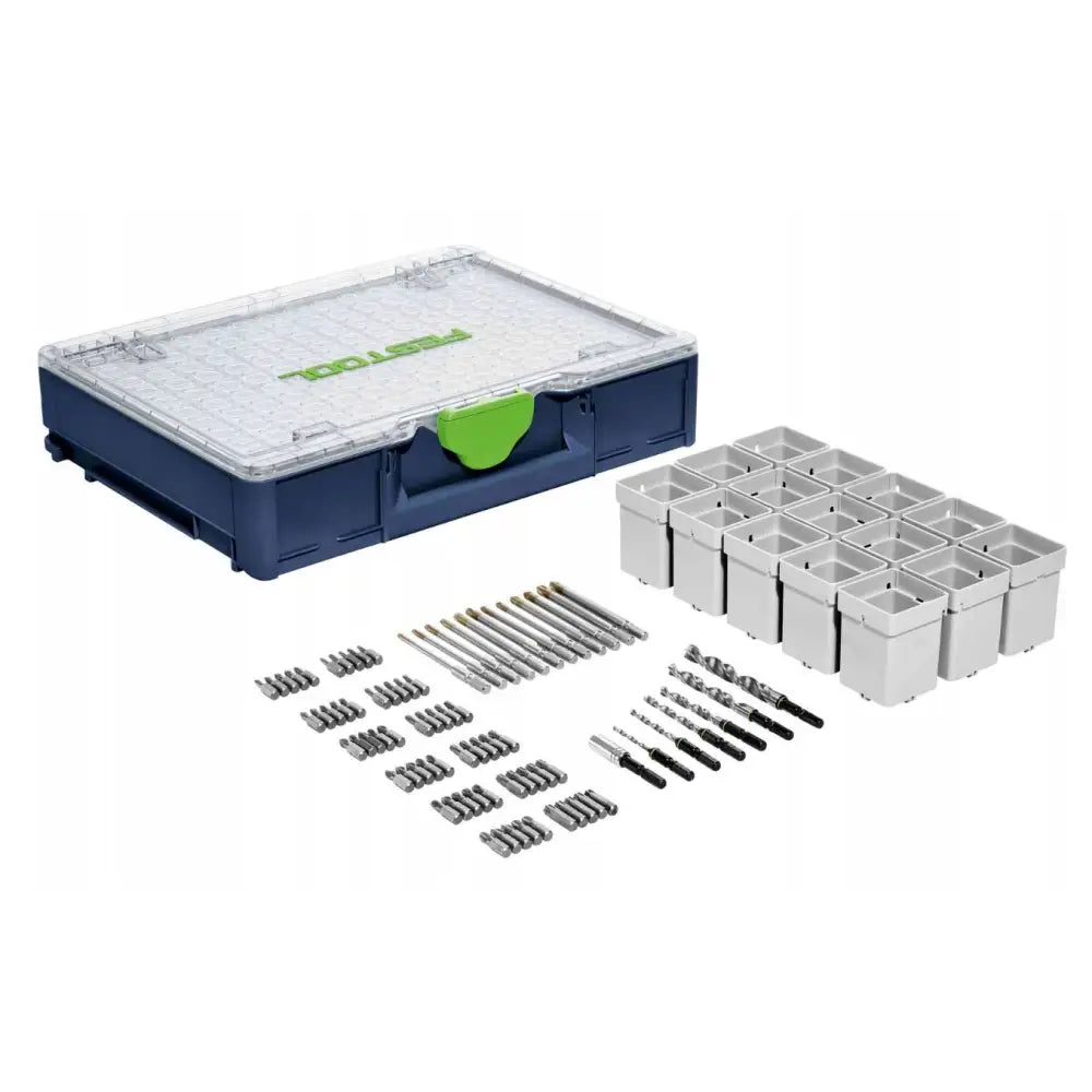 Festool Systainer Organiser Sys3 Org med bor- og bitsholdere samt små bokser, sett skrått ovenfra.