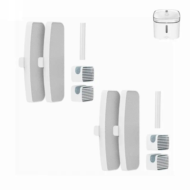 Filter til Xiaomi Smart Pet Fountain, sett med hvite og grå filterinnsatser og sugerør ved siden av vanndispenser.