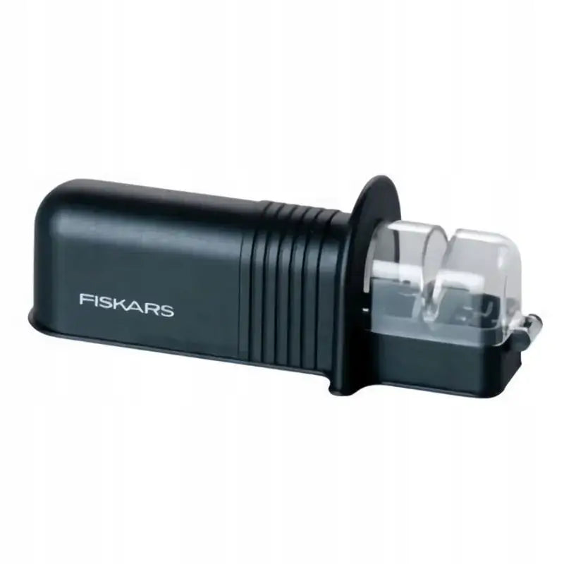 Fiskars Roll-Sharp knivsliper i svart plast med gjennomsiktig deksel, sidevisning med synlig logo.