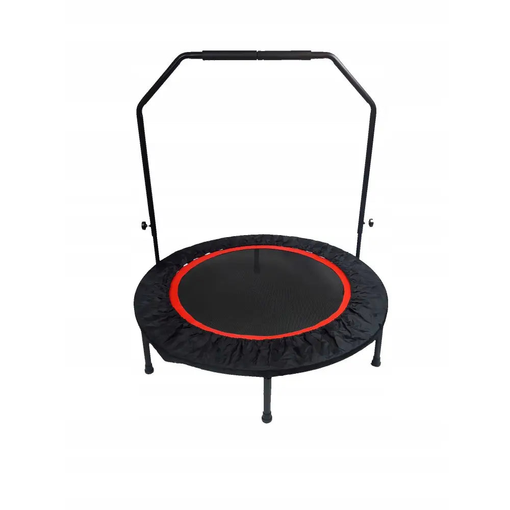 Fitness trampoline 100 cm med justerbart håndtak, sort og rød kant, frontvisning mot hvit bakgrunn.