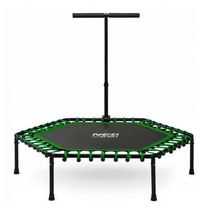 Fitness trampoline med håndtak, sekskantet modell sett forfra med justerbar T-formet støtte og grønne detaljer.