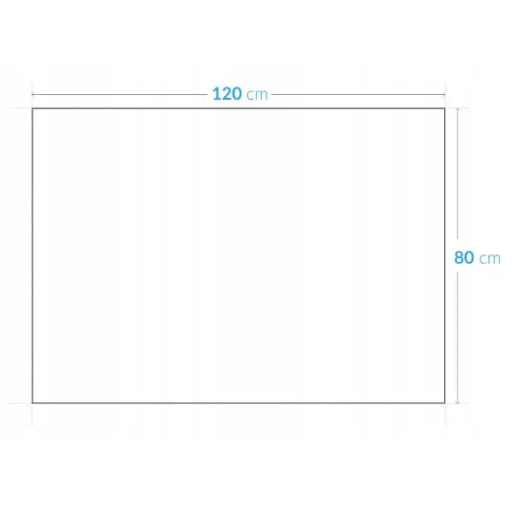 Lerretsbilde Fjell, hytte og innsjø, frontvisning som viser størrelsen 120x80 cm markert med blå linjer.