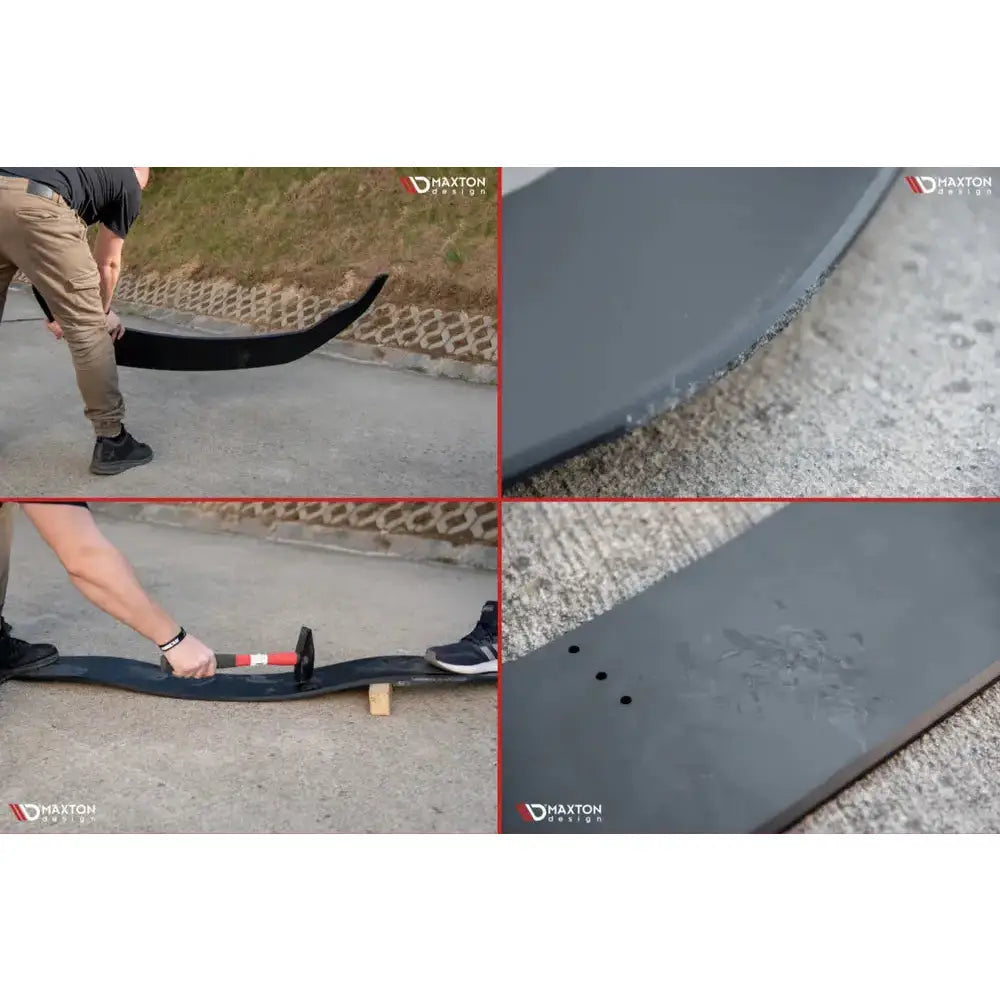 Spoiler til Toyota GR Yaris Mk4, svart plast med buet form, vises i nærbilde og under montering.