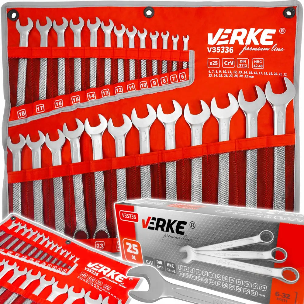 Flat og ringnøkkelsett med 25 sølvfargede nøkler i rød mappe, nummererte lommer, sett forfra.