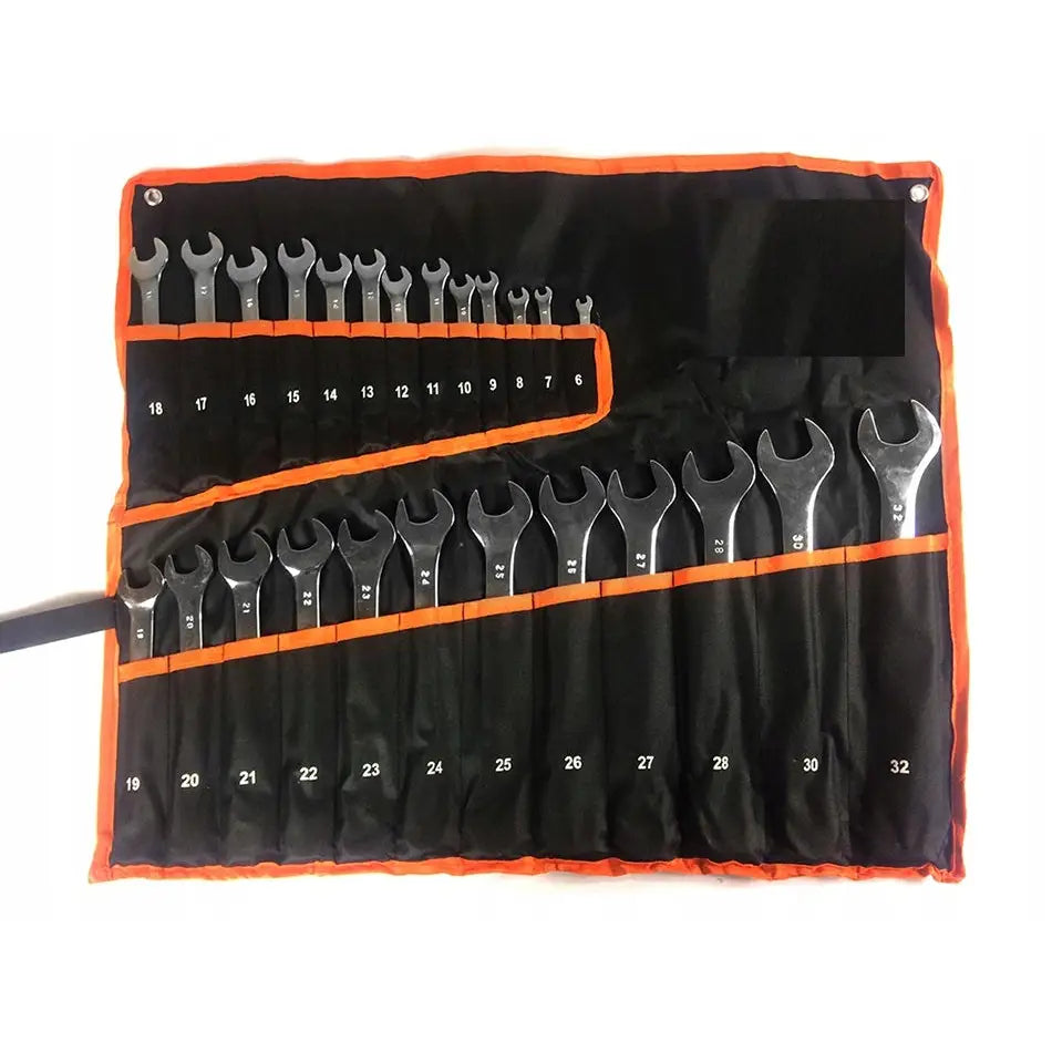 Flat-ringnøkkelsett i størrelser 6–32, oversiktsbilde av nøklene organisert i svart etui med oransje kant.