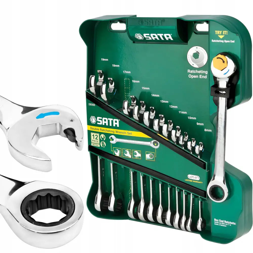 Flatskrunøkkelsett med tolv forkrommede nøkler i grønn plastboks, ulike størrelser og detaljerte hoder.