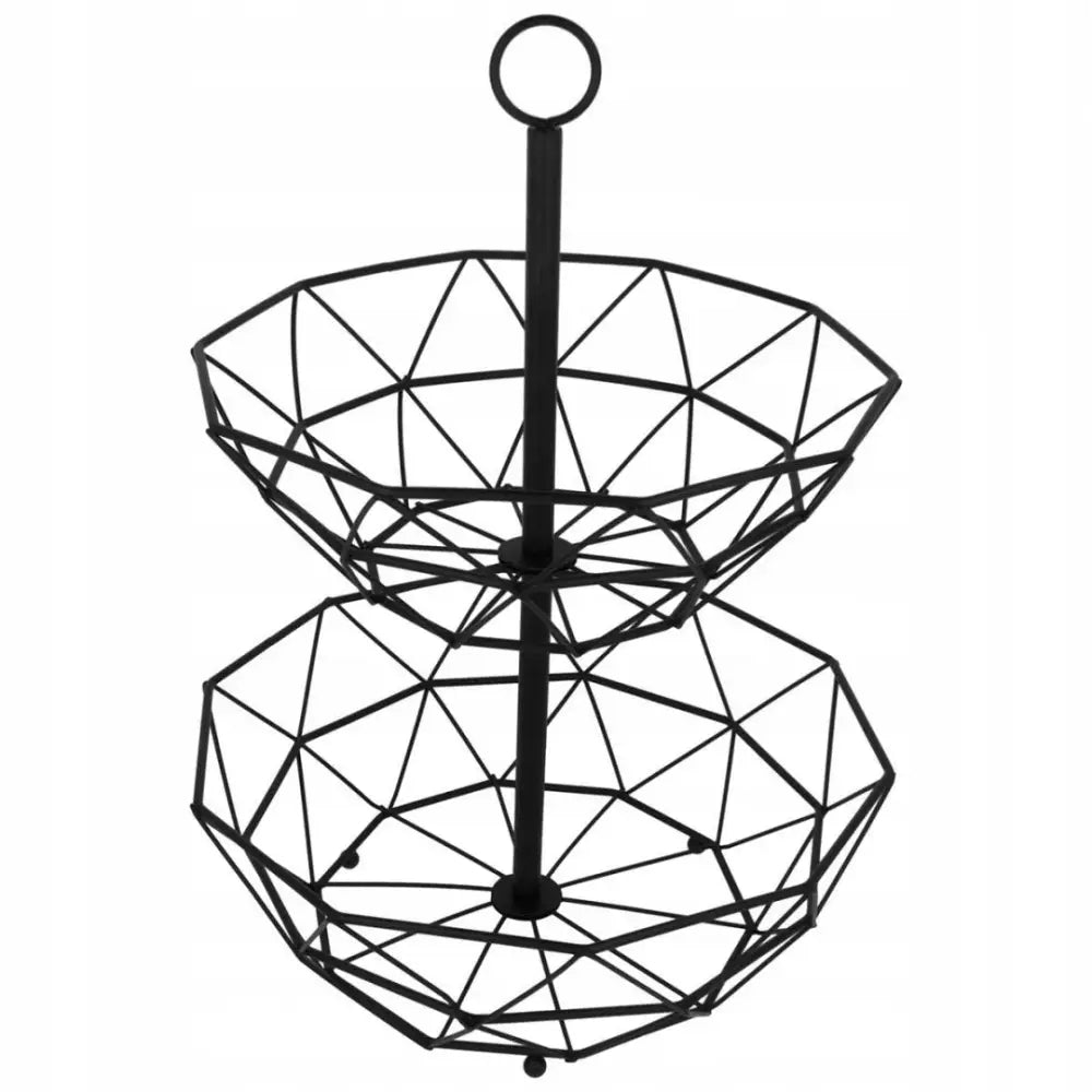 Flernivå fruktkurv i sort metall, to åpne kurver med geometrisk mønster og rundt håndtak på toppen.
