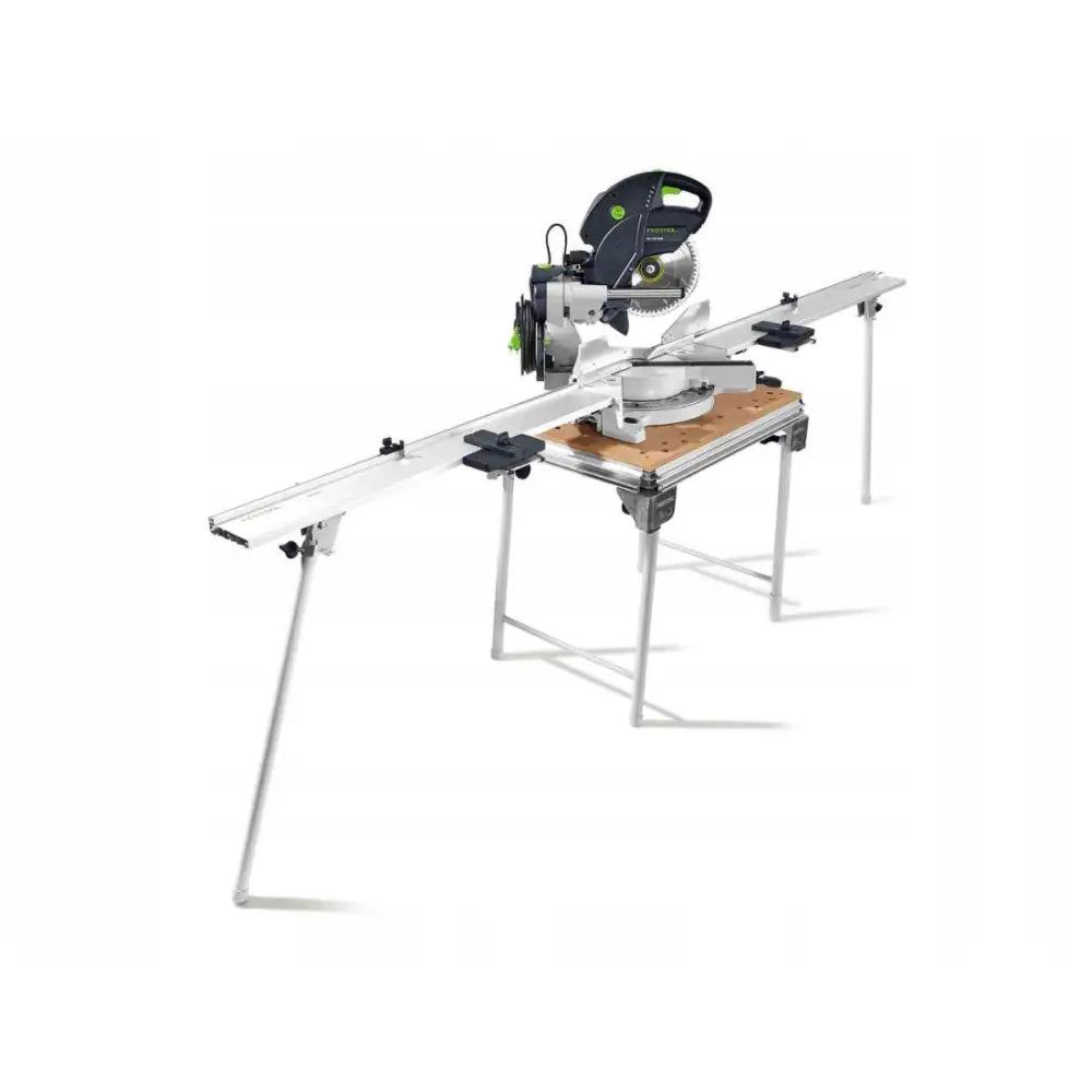 Flersidig MFT Kapex Bord Festool, skråvinkelbilde som viser sag på sammenleggbart stativ med støttearmer.