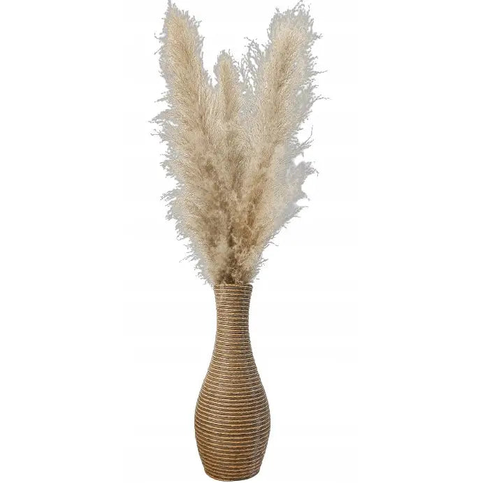 Flettet Boho vase i naturfarget rotting med høye beige pampasgress, frontvisning mot hvit bakgrunn.