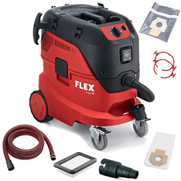 Flex industriell støvsuger uten pose, komplett med slange, filter, munnstykke og tilbehør på lys bakgrunn.