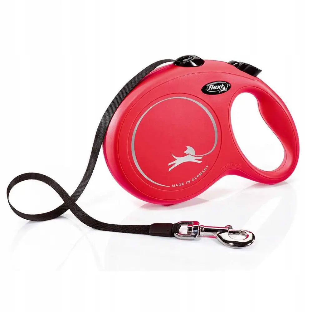 Flexi Båndline New Classic Tape L8M/50Kg i rødt, sidevisning med sort bånd, sølvkrok og hvit hundesilhuett på plastdekselet.