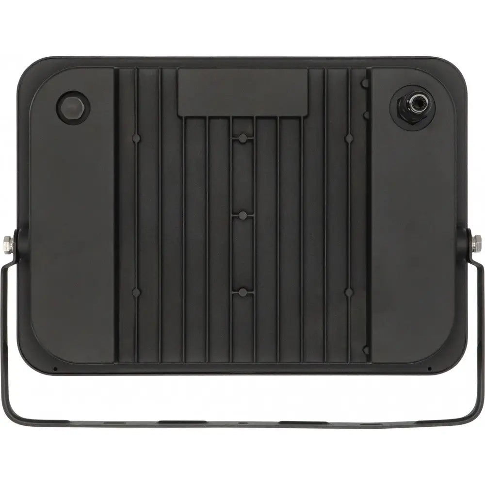 Flomlys LED JARO, bakside med kjøleriller, to skruefester og robust stålbøyle for montering.